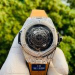 JH Factory Hublot Big Bang Sang Bleu Diamond Pave Case Brown Rubber Strap 45 MM Automatic Watch